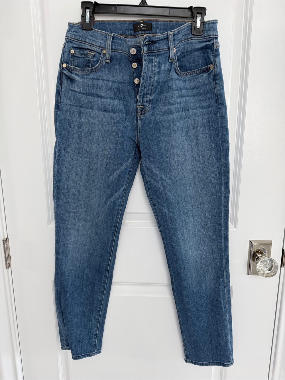7 For All Mankind High-Rise Button-Fly Jeans in Medium Blue Wash